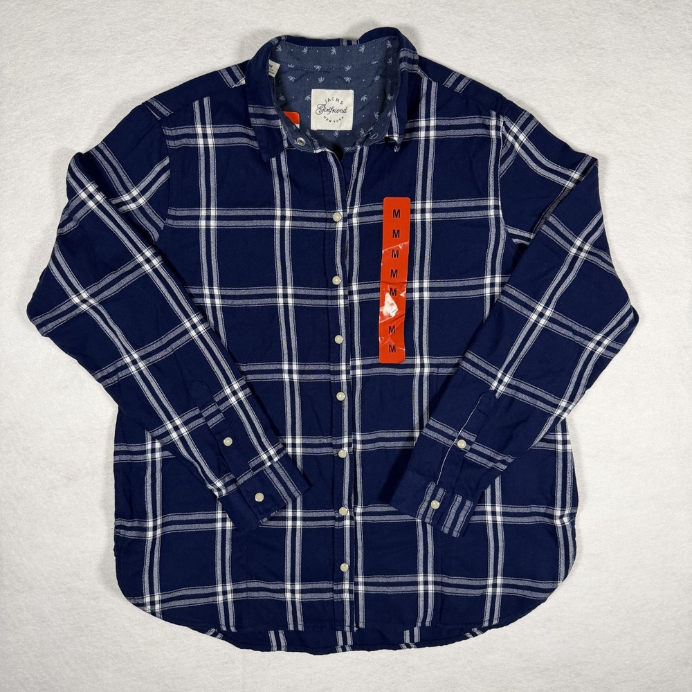 Jachs Girlfriend Women Plaid Button-Up Shirt Blue/White Long Sleeve Soft Flannel